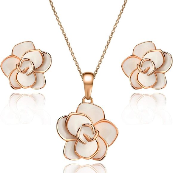 Jewelry - Rose Flower Necklace Earrings Set for Women 18K Gold Plated Hypoallergenic Jewel